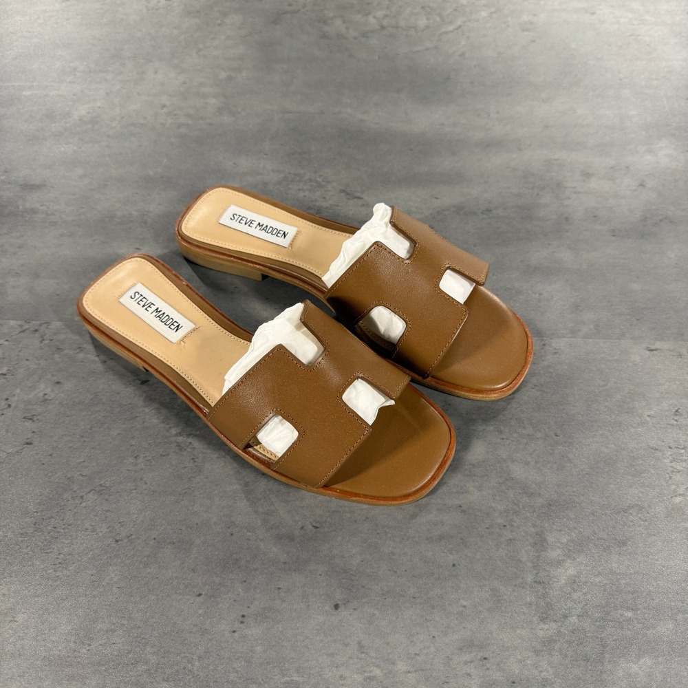 Steve Madden Slide Sandals Womens 7 Hadyn Cognac Brown Leather H-Strap Flat NEW
